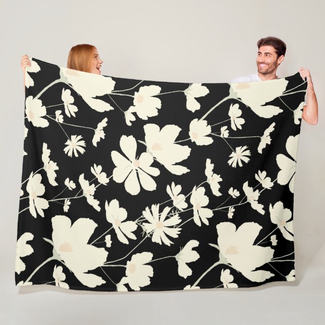 Delicate cosmos flower cream beige black warm dorm fleece blanket (In Situ)