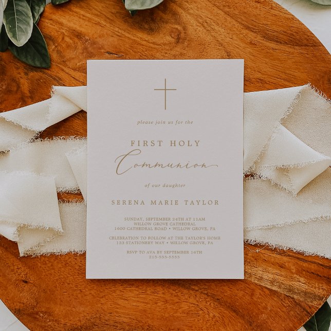 Delicate Cream Gold Cross First Holy Communion Invitation (Delicate Cream Gold Cross First Holy Communion Invitation)