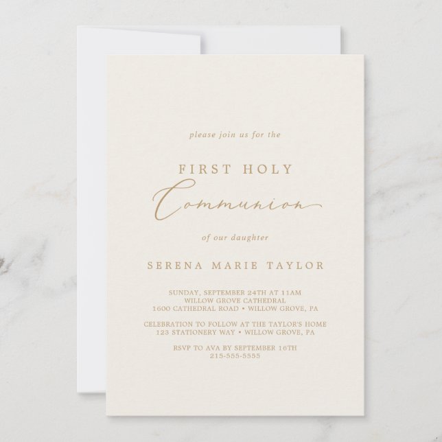 Delicate Cream Gold First Holy Communion Invitation (Front)