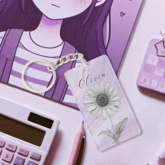 Delicate Custom Lavender Daisy Flower Key Ring