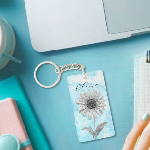 Delicate Custom Light Blue Daisy Flower Key Ring