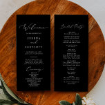 Delicate Dark Black Calligraphy Wedding Program Programme<br><div class="desc">This delicate dark black calligraphy wedding program is perfect for a modern wedding. The romantic minimalist design features lovely and elegant white typography on a black background with a clean and simple look. Include the name of the bride and groom, the wedding date and location, thank you message, order of...</div>