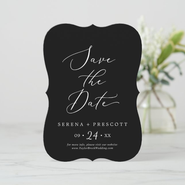 Delicate Dark Black Calligraphy Wedding Save The Date (Standing Front)