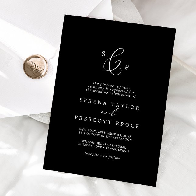 Delicate Dark Black Formal Monogram Wedding Invitation (Creator Uploaded)