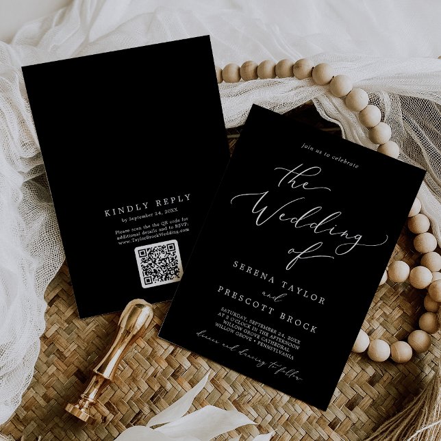 Delicate Dark Black QR Code Back Wedding Invitation (Creator Uploaded)
