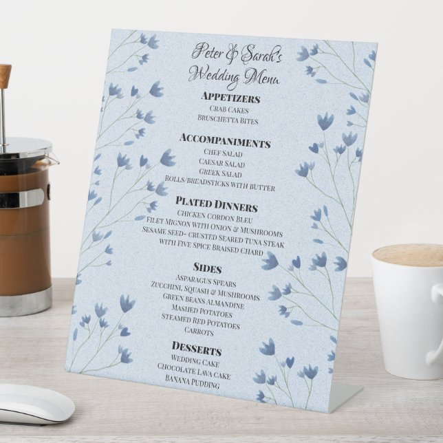 Delicate Dark Blue Wildflowers Romantic Wedding Pedestal Sign (In SItu)
