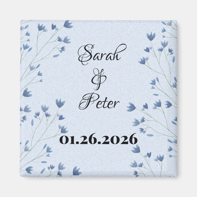 Delicate Dark Blue Wildflowers Save the Date Magnet (Front)