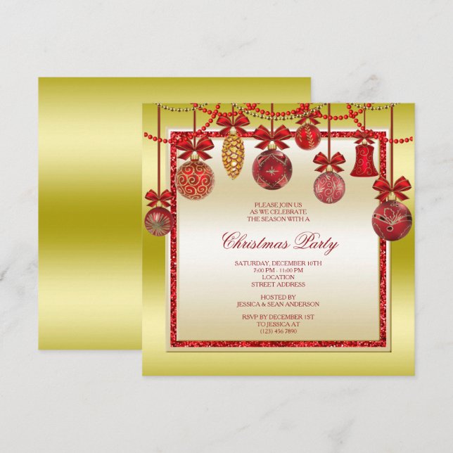 Delicate Decorations Red & Gold Christmas Party Invitation (Front/Back)