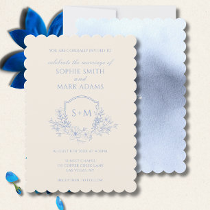 Delicate Dusty Blue Floral Monogram Crest Wedding Invitation