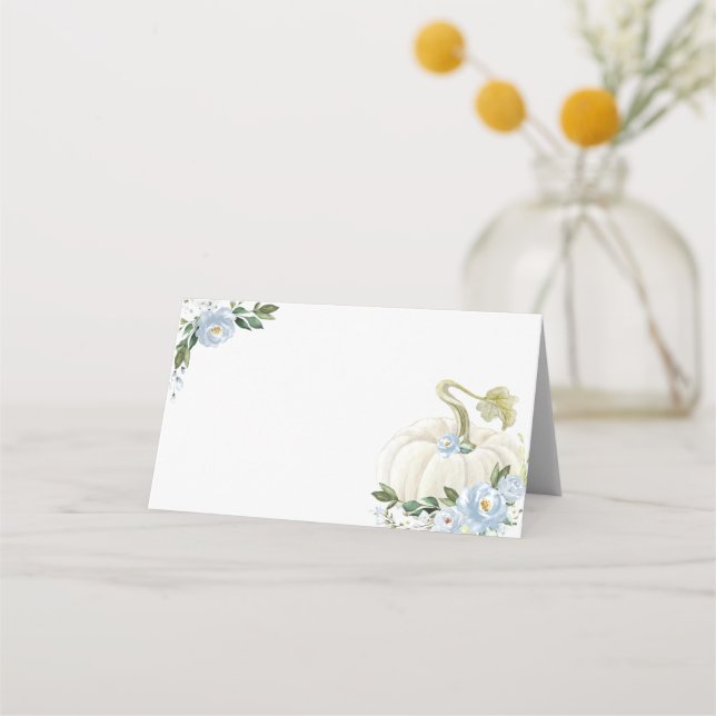 Delicate Dusty Blue Floral Pumpkin Boy Baby Shower Place Card (Front)