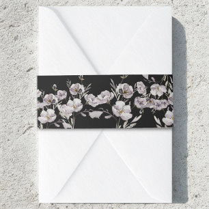 Delicate dusty purple flower watercolor, black invitation belly band