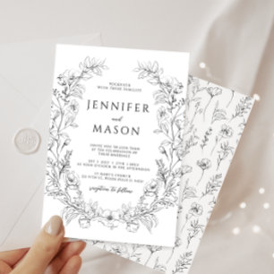 Delicate elegant black white floral wreath wedding invitation