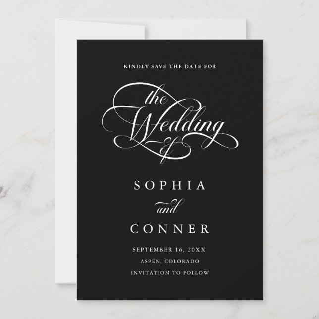 Delicate Elegant Script Wedding Photo Black Save The Date (Front)