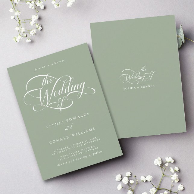 Delicate Elegant Script Wedding Sage Green Invitation (Front & Back)