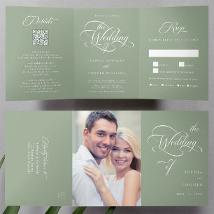 Delicate Elegant Script Wedding Sage Green Tri-Fold Invitation