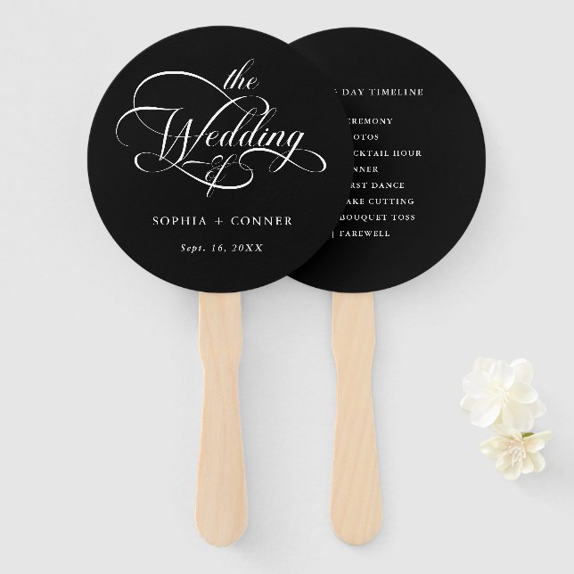 Delicate Elegant Script Wedding Timeline Black Hand Fan (Front and Back)