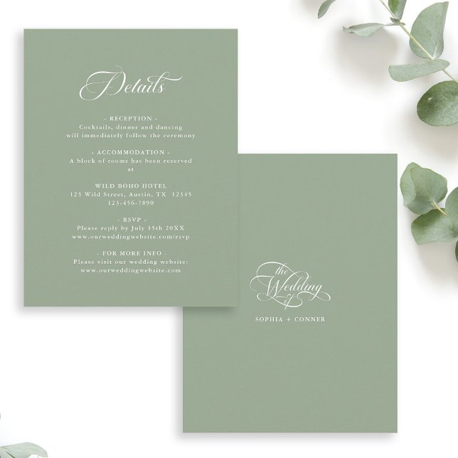 Delicate Elegant Wedding Details Sage Green Enclosure Card (Front & Back)