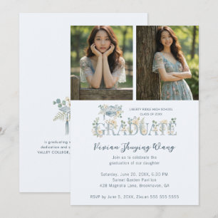 Delicate Ethereal Blue Floral 2 Photo Graduation Invitation