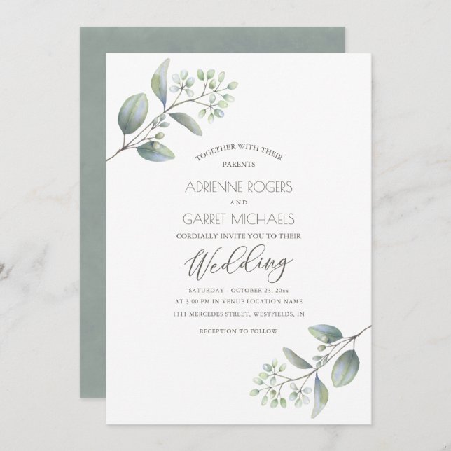 Delicate Eucalyptus Sprigs White Wedding Invitation (Front/Back)