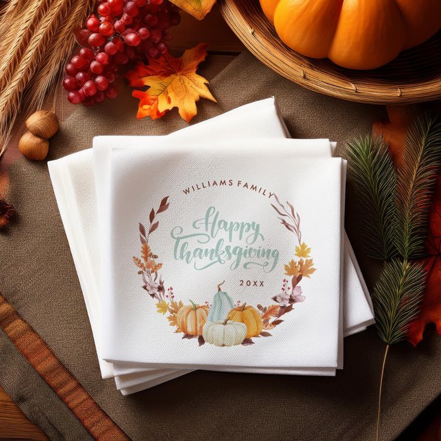 Delicate Fall Wreath Happy Thanksgiving Napkin (Creator Uploaded)