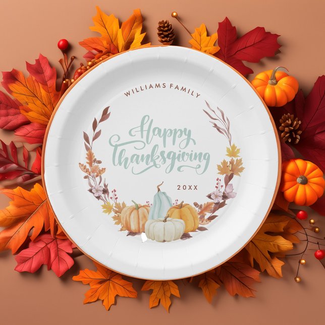 Delicate Fall Wreath Happy Thanksgiving Paper Plate (Creator Uploaded)