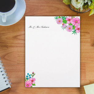 Delicate & feminine watercolor pink daisies custom letterhead