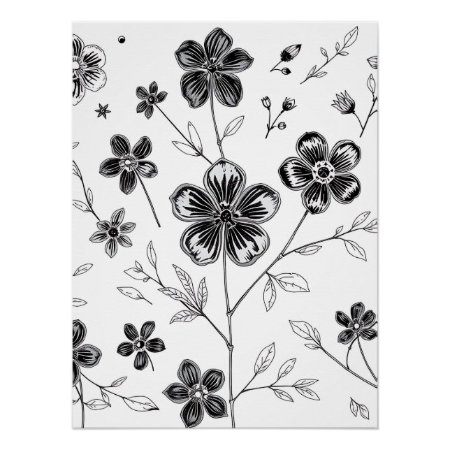 Delicate Fine Line Flowers and Leaves  Poster (Front)