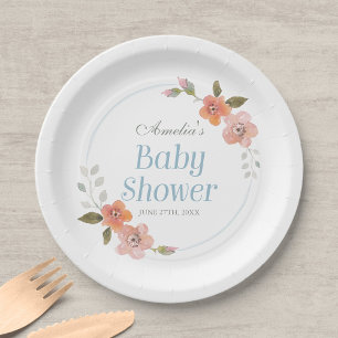 Delicate Floral Blue Baby Shower Paper Plate