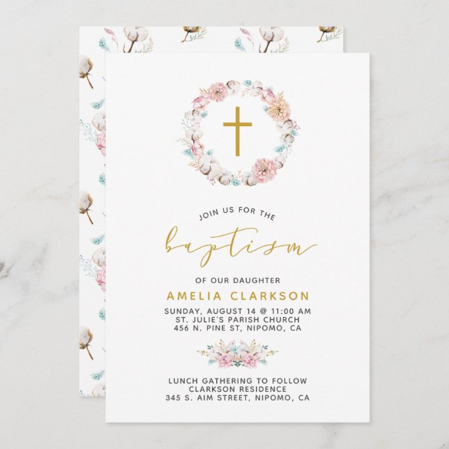 Delicate Floral & Cotton Baptism Invitation (Front/Back)