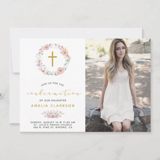 Delicate Floral & Cotton Confirmation Invitation (Front)