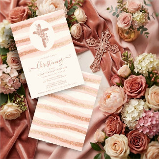 Delicate Floral Cross Romantic Rose Gold Invitation