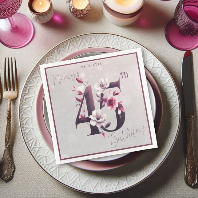  Delicate Floral Customisable 45th Birthday  Napkin (Creator Uploaded)