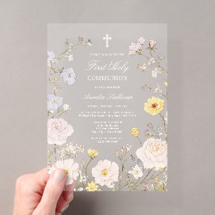 Delicate Floral Frame First Holy Communion Acrylic Invitations