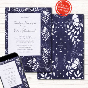 Delicate Floral Frame on Blue Wedding Invitation