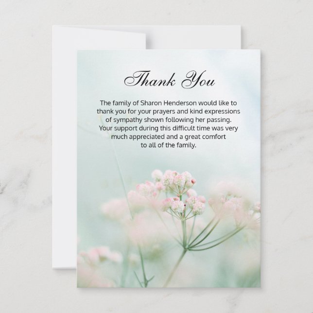 Delicate Floral Funeral Thank You Note Card (Front)