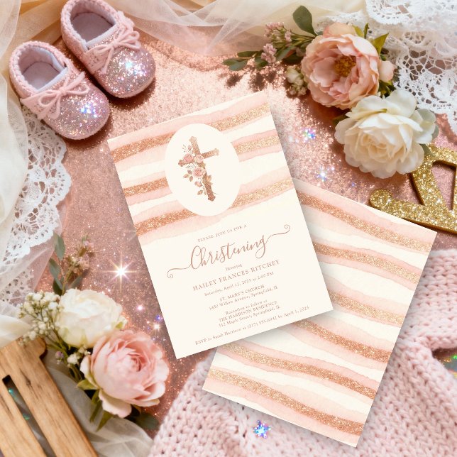 Delicate Floral Glitter Cross Romantic Rose Gold Invitation (Rose Gold Glitter Delicate Floral Christian Cross Romantic Style Christening Invitation Cards. )
