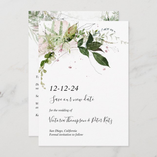 Delicate floral Greenery Save the Date Invitation (Front/Back)