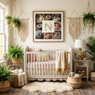 Delicate Floral Initial N 8-Photos Collage Newborn Poster