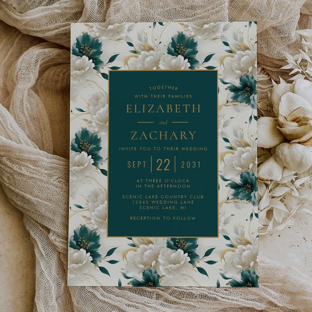 Delicate Floral Ivory Teal Gold Wedding Invitation (Creator Uploaded)