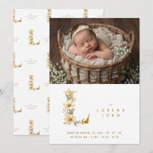 Delicate Floral L Initial Gold Glitter Newborn Announcement