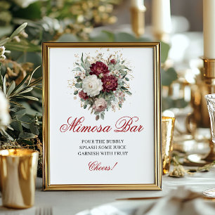 Delicate Floral Mimosa Bar Blush Burgundy Sign