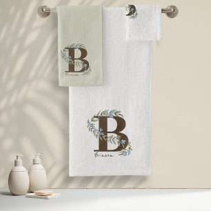 Delicate Floral Monogram Sage Blue ID1332 Bath Towel Set