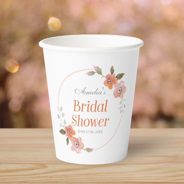 Delicate Floral Orange Bridal Shower Paper Cups (Creator Uploaded)