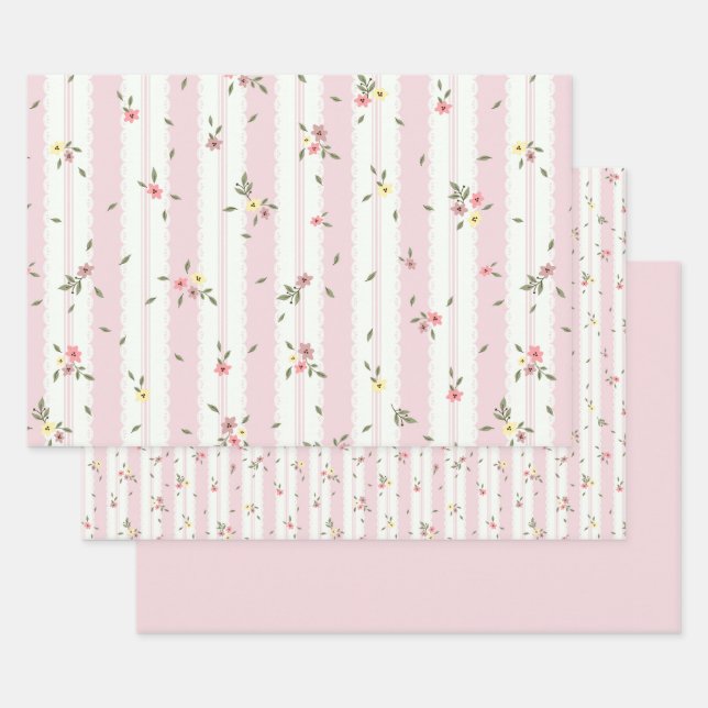 Delicate Floral Pattern Pink Wrapping Paper Set (Set)