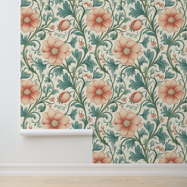 Delicate Floral Pattern with Soft Pink Blossoms Wallpaper (Application)