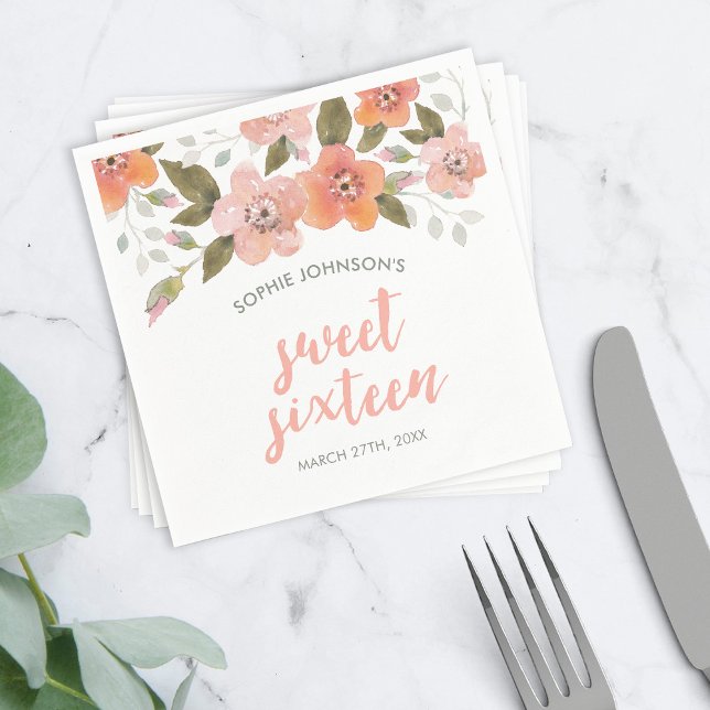 Delicate Floral Peach Sweet Sixteen Napkin (Creator Uploaded)