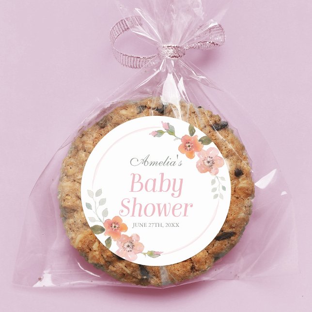 Delicate Floral Pink Baby Shower Round Sticker (Creator Uploaded)