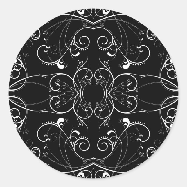 Delicate Floral Repeating Pattern in White on Blac Classic Round Sticker (Front)