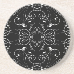 Delicate Floral Repeating Pattern in White on Blac Coaster