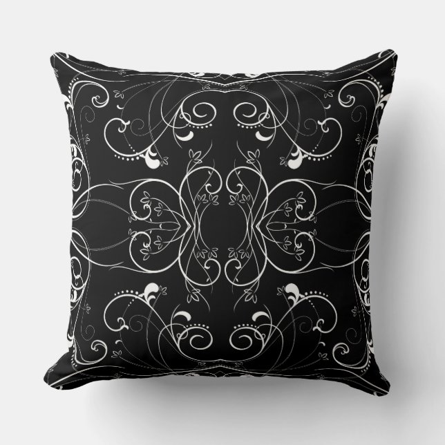 Delicate Floral Repeating Pattern in White on Blac Cushion (Front)